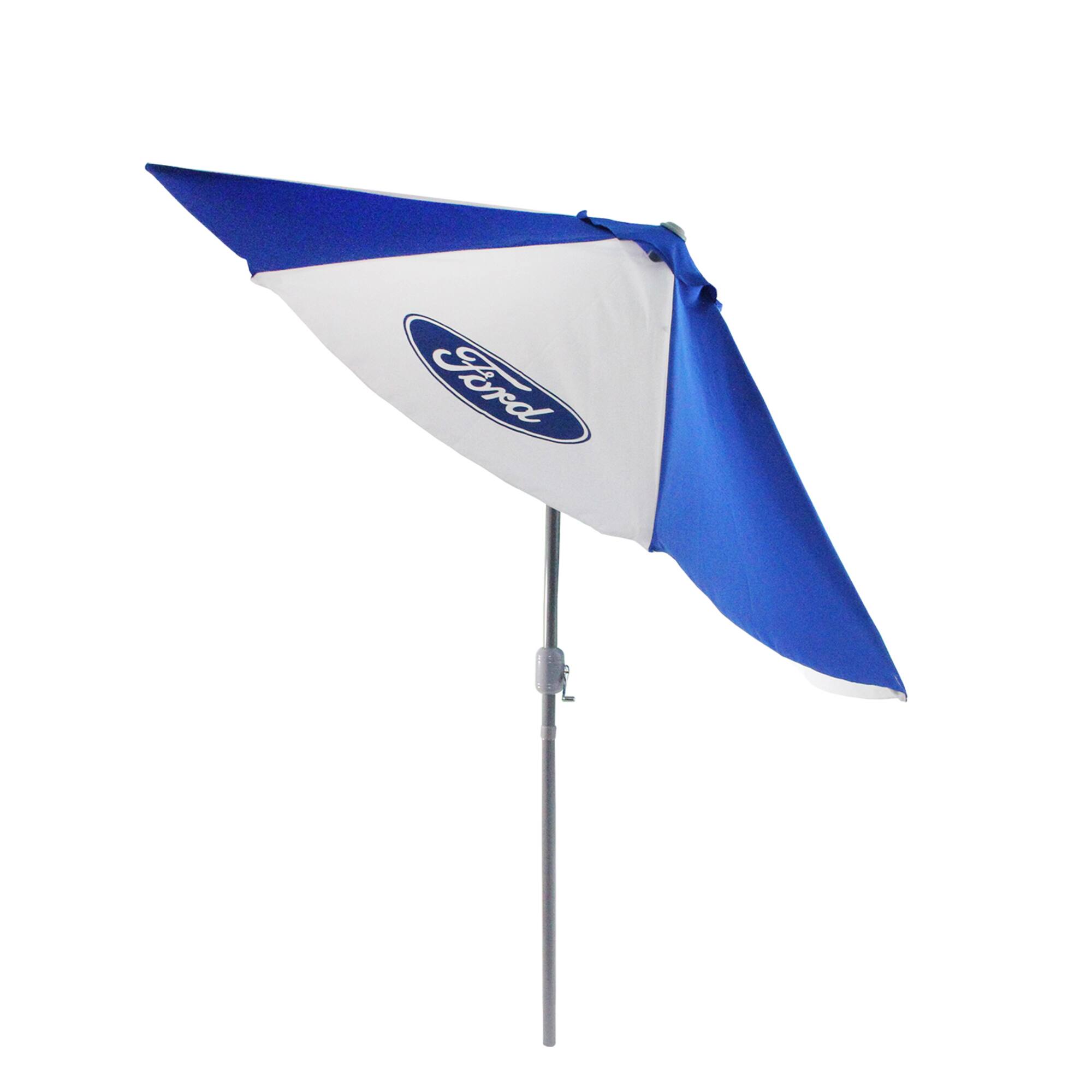 9ft. Blue & White Ford Outdoor Umbrella with Hand Crank & Tilt